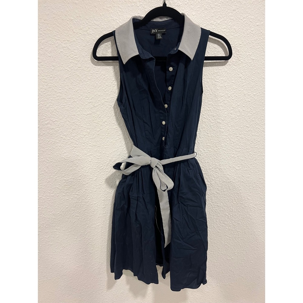 Jones New York JNY Navy Blue Sleeveless Shirt Dress Pinstripe Collar Belted 4